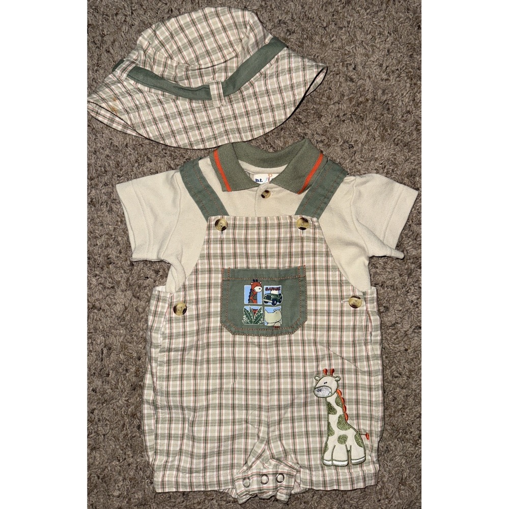 Vintage BT Kids Shortall Overalls 6-9 M Safari Tan Plaid Gingham W/ Hat 3 Piece